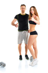 Athletic man and woman after fitness exercise with thumb up on t