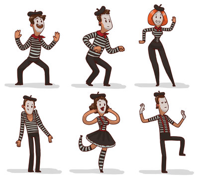 Vector set of funny cartoon mimes, they standing in typical poses, all they have traditional makeup and wearing traditional mimes clothes with stripes on a light background. Vector illustration.