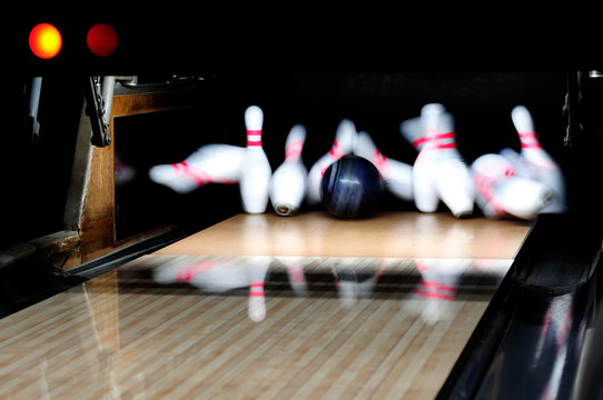 Bowling Ball Hitting Pins Strike Picture