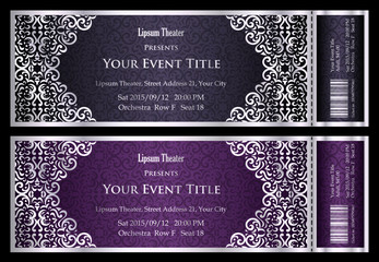 Luxury anthracit and plum theater ticket with vintage pattern