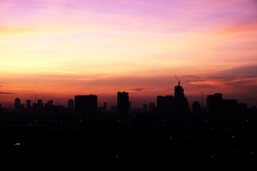 Orange sky silhouette of capital in Thailand