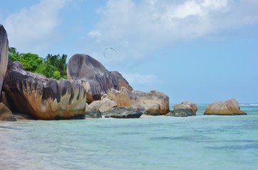 The Anse Source d'Argent beach with its granite boulders on La Digue Island in the Seychelles