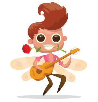 Vector cartoon image of a cute male fairy with big eyes, brown hair, light pink wings, brown pants, pink shirt with rose and a guitar on a white background. Positive character. Vector illustration.