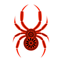 Vector illustration. Icon of decorative ornamental red and black spider, isolated over white background