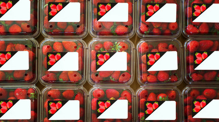 Strawberries in containers with labels