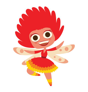 Vector cartoon image of a cute female fairy with big eyes, red skin and curly red hair with a light red butterfly wings in red and yellow dress on a white background. Made in a flat style.
