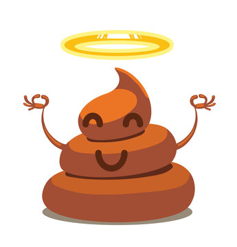 Vector cartoon image of Holy shit with face and hands, brown color with yellow halo on top on a white background. Vector illustration.