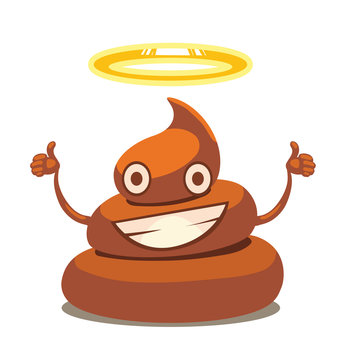 Vector cartoon image of Holy shit with face and hands, brown color with yellow halo on top, smiling on a white background. Vector illustration.