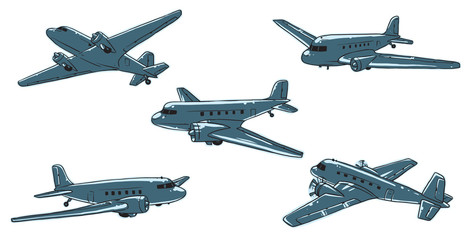 Vector cartoon image of a set of five blue old planes on a white background. Made in retro style. Vector illustration.