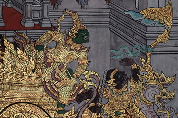 the Ramayana painting on the wall in public temple in thailand