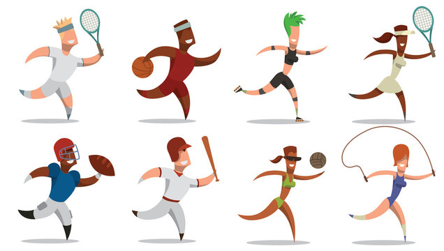Vector cartoon image of a set of sportsmens in different sports clothes: tennis player, basketball player, roller, rugby player, baseball player, volleyball player and gymnast on a white background.