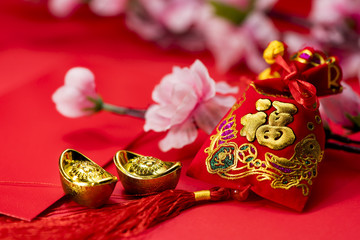 Chinese new year decorations, Auspicious ornaments on red backgr