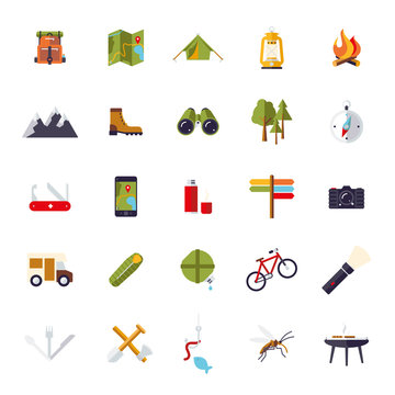 Isolated Flat Design Camping and Outdoor Pursuits Icon Set