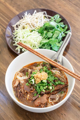 Rice noodles with spicy pork sauce (Nam ngiao) is a noodle soup