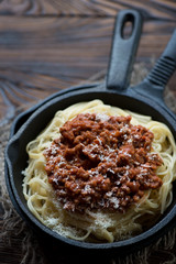 Close-up of spaghetti bolognese, selective focus, studio shot
