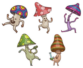 Vector set of images of different party mushrooms with colorful hats having fun and dancing on a light background. Vector illustration.