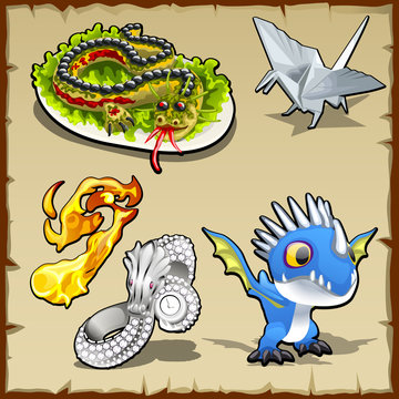 Dragon set, different objects with dragon image