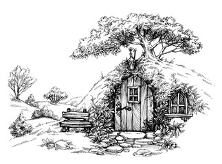 A dwarf house in the woods sketch - obrazy, fototapety, plakaty