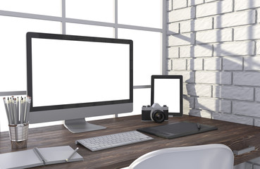 3D illustration PC screen on table in office, Workspace