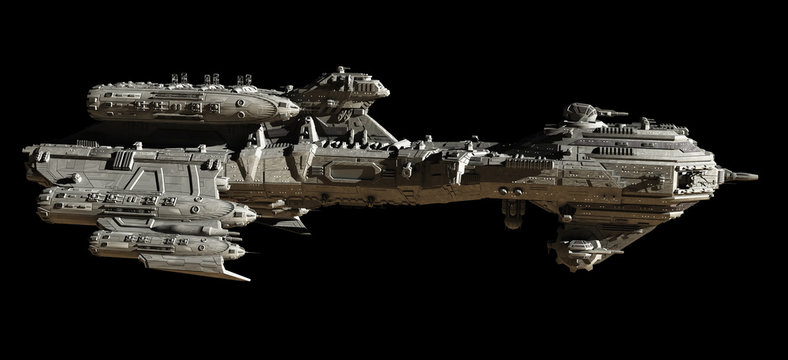 Interstellar Escort Frigate Spaceship, side view - science fiction illustration