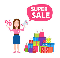super sale.sales woman with megaphone and percent sign purchases shopping bags gift boxes isolated on white background. shopping sale concept illustration.