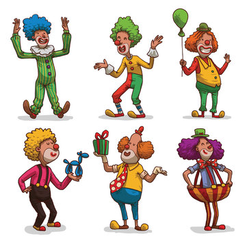 Vector set of cartoon images of happy funny clowns with different hair colors in colorful clothes in different poses on a light background. Children's festival.