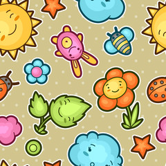 Seamless kawaii child pattern with cute doodles. Spring collection of cheerful cartoon characters sun, cloud, flower, leaf, beetles and decorative objects