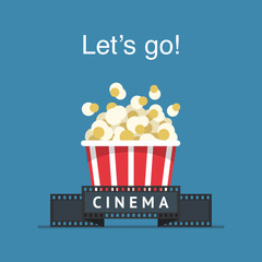 Fototapeta premium Let's go to the cinema! Popcorn box and film strip. Cinema Poster Design Template.