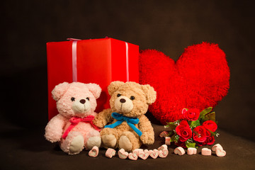 Valentines Day background with hearts, teddy bear, red roses, gi