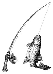 Fototapeta premium Fishing rod and fish isolated