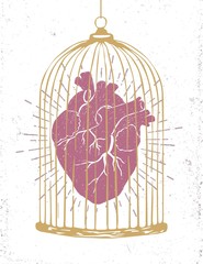 Romantic poster with a human heart in a cage.