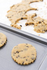 Chocolate chip cookie on baking sheet