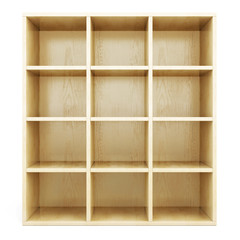Empty wooden shelves on a white background.