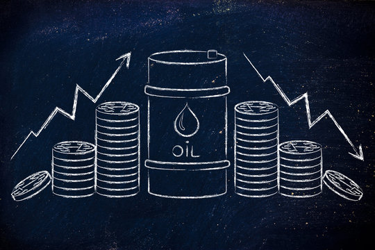 Oil Barrel And Money With Up And Down Arrows For Price Change