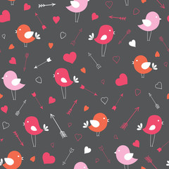 Seamless vector pattern with birds, hearts and arrows