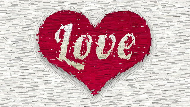 Love inscription inside red heart symbol forms by abstract animated dashes. Decorative artistic animation devoted to the Valentines day.