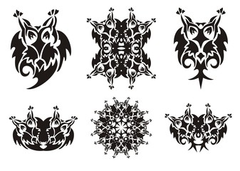 Tribal owl symbols. Black on the white. Flaming ornate freakish owl set, owl circle and other