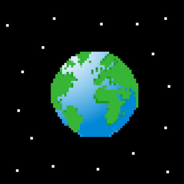 Planet Earth. Pixel Art Vector Illustration