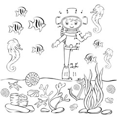 Fototapeta premium Funny cartoon diver in the ocean. Vector illustration. Coloring