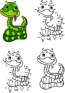 Funny cartoon snake. Vector illustration. Coloring and dot to do