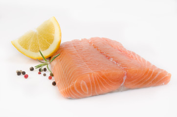 Salmon fillet with peppercorns and Rosemary spice on white backg