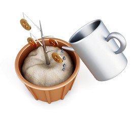 Money tree with watering can on white background.