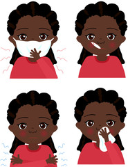 Sick african girl with flu mask, thermometer and handkerchief