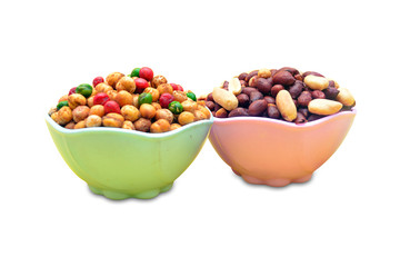 Mix nimko and peanut in bowl isolated on white background
