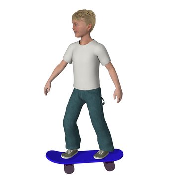 digitally rendered illustration of a young boy on a skate board