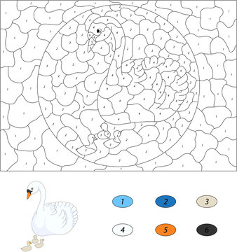 Cartoon swan with her chicks. Color by number educational game f