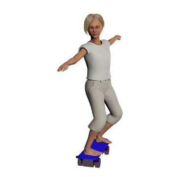 digitally rendered illustration of a young girl on a skateboard isolated on white