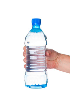 Hand Holding Bottle Of Water On White Background