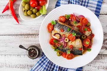 Küchenrückwand glas motiv Grilled mackerel with vegetables in Mediterranean style. Top view © timolina