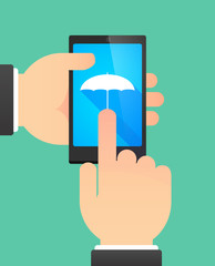 Man using a phone showing an umbrella